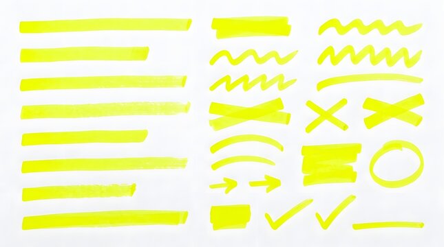 Various bright yellow highlighter strokes and essential graphic elements for emphasis on white.