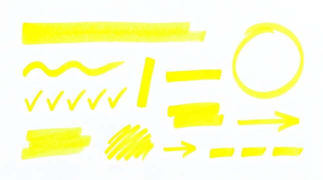 Assortment of yellow highlighter pen strokes including lines, circles, arrows, and checkmarks on white paper.
