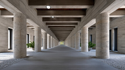 Fototapeta premium Symmetrical corridor with concrete columns, wooden ceiling, modern architecture, natural light, and indoor plants create serene atmosphere