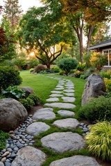 Obraz premium Winding stone path through a lush backyard garden
