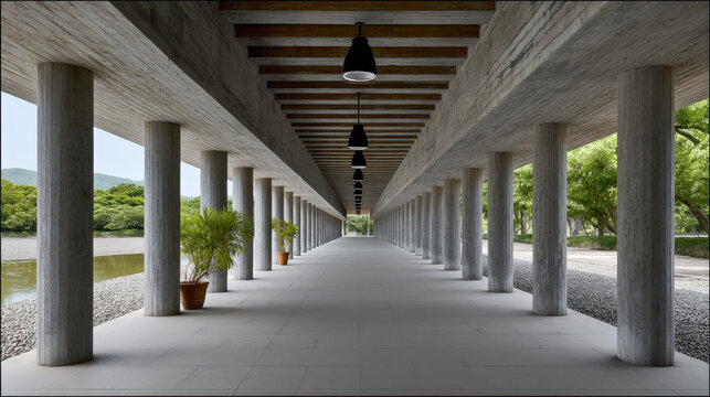 Symmetrical corridor concrete column modern architecture outdoor walkway natural light potted plant tranquil minimalist perspective serene