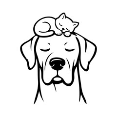 Logotipo con dibujo minimalista con líneas de un simpático gatito durmiendo sobre la cabeza de un gran perro © teracreonte