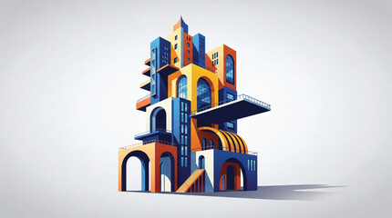Naklejka premium A vibrant and colorful illustration of a multistory building with arches and balconies on a light gray background.