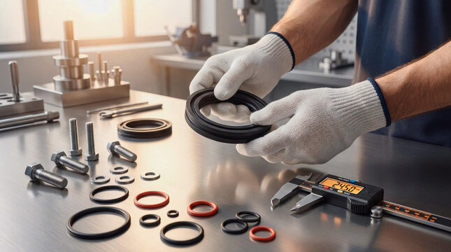 Industrial technician in gloves inspects a precision rubber seal and various O-rings. Essential for manufacturing and quality control