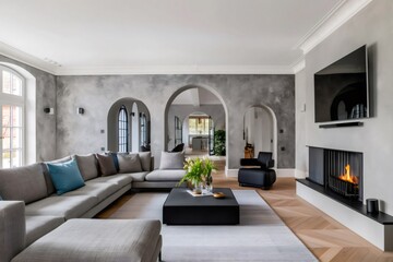 Obraz premium Modern living room interior featuring gray sectional sofa and fireplace