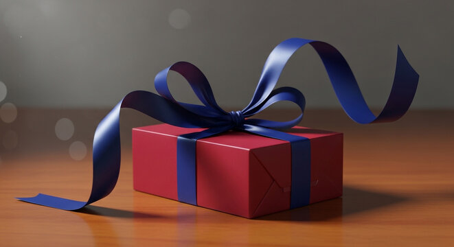 Elegant red gift box with blue ribbon untied on wooden surface