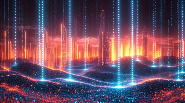 binary code resembling a city, progress and development of artificial intelligence, digitalization