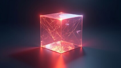Fototapeta premium Glowing Red Cube on Dark Background with Reflections.