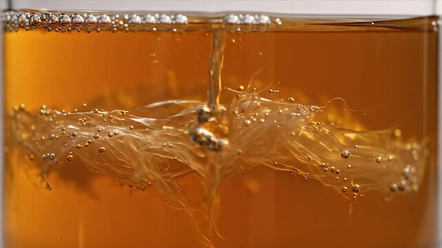 Close-up of Fermented Kombucha Tea Scoby Floating in Amber Liquid with Bubbles and Light Reflections a Refreshing
