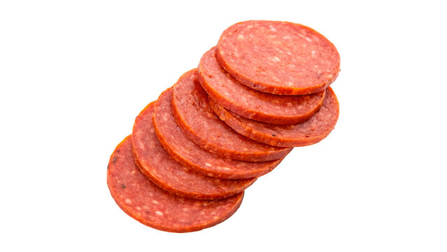 Slices of pepperoni stacked on top of each other isolated on transparent background