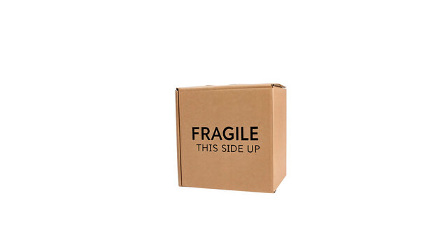 Cardboard box with fragile label that indicates to keep it upright for safe transportation and handling isolated on transparent background