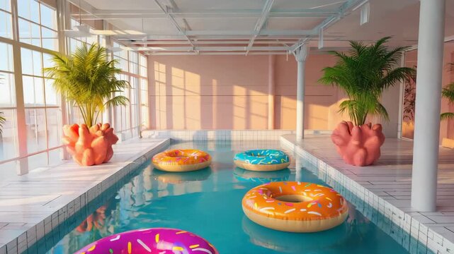 Inflatable donuts floating in pool at luxury villa during the summer vacation