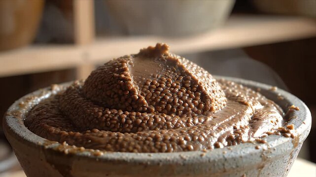 Close Up of Fermented Miso Paste in Ceramic Bowl With Natural Lighting and Rustic Background for Food Processing
