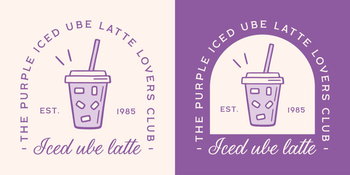 Ube iced latte lovers club purple drink aesthetic girls shirt design sticker logo for fresh coffee flavor in plastic cup. Homemade sweet potato yam milk with ice cubes and straw outline drawing print.