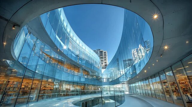 Bright and airy interior with curved glass walls creates a sense of openness and innovation, perfect for corporate websites or marketing materials.