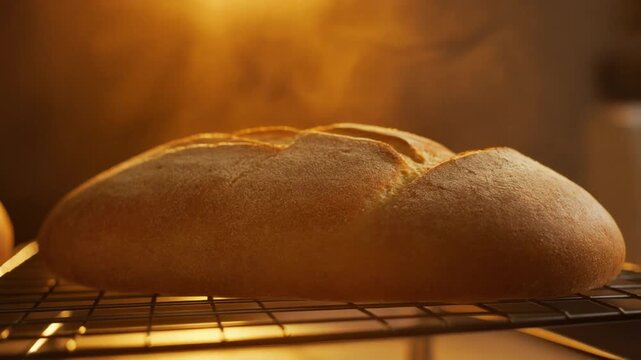 Bread cooling on rack with warm golden light background