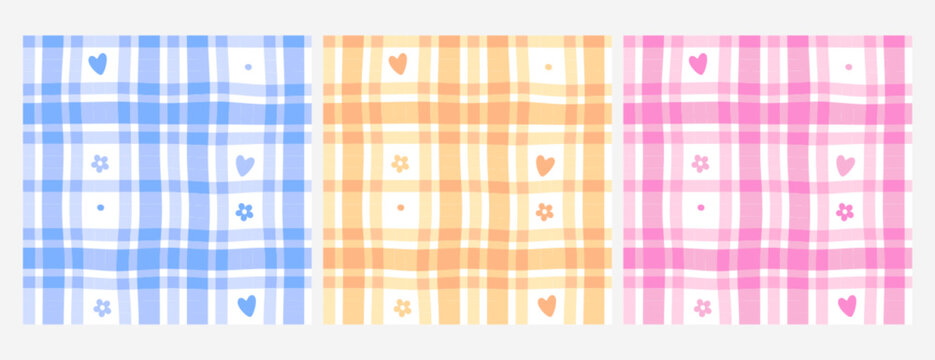 Seamless plaid pattern with cute hearts and flowers in blue, orange and pink colors. Gingham check geometric texture for baby, nursery, romantic design, textile print, wallpaper, valentine background