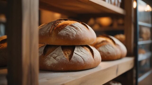 Stack of rustic bread loaves on wooden bakery shelf, warm cozy lighting