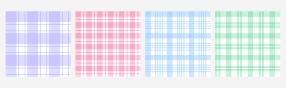 Seamless pastel vichy plaid pattern set in pink, blue, green and purple colors. Gingham check texture for fabric, tablecloth, napkin, picnic blanket, wallpaper, textile print, spring summer background