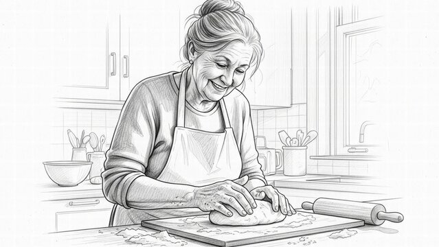 The Art of Baking: An older woman with kind features is shown in a black and white illustration, gently kneading dough with practiced hands in a cozy kitchen setting.