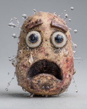 Sad Potato Character with Water Drops and Tear Expression on Gray Background