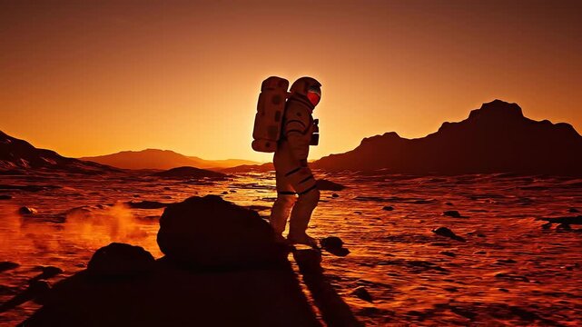 Astronaut exploring a red rocky planet surface during sunset with dramatic shadows and glowing sky