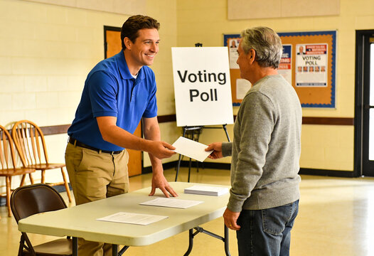 Poll worker handing ballot to voter at a community voting poll station, election day participation and civic duty for democratic process