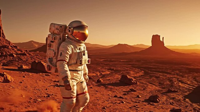 Astronaut exploring rocky desert landscape during sunset with mountains and clear sky in background