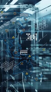 Vertical video: Camera advancing rack row showing APAC map nodes pulsing and tracing network flow