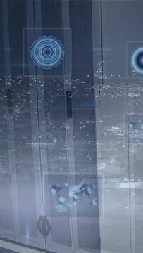 Panel facade receiving small blue reticle, pulsing HUD rings enclosing drifting map for tech