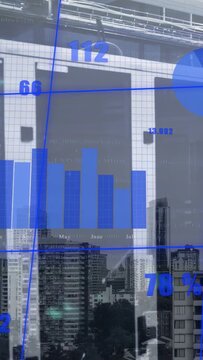 Automated feed updating faint blue bars above gray skyline, bars dropping, pie rising for business