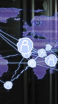 Vertical video: Glossy panel showing left-node sending lines, growing Europe or Africa, linking tech