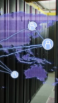 Purple map appearing, network overlaying racks, nodes moving, lines converging, showing links