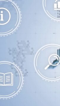 Vertical column of UI rings shifting, wireframe sliding in, icons updating, highlighting education