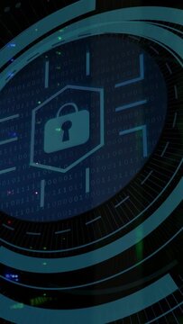 Vertical video: Fading HUD graphic zooming over server rack hall, showing padlock and binary grid