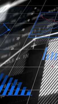 Rotating 3D grid plane revealing bars, lines, pie charts and code guiding tech analytics creators