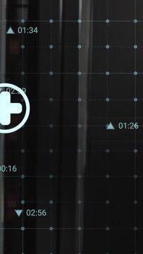 HUD overlay loading and cycling technology icons with time labels across dotted grid showing status