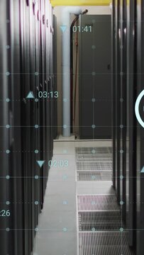Server aisle moving as camera moving forward tilting, HUD grid monitoring power and cable for IT