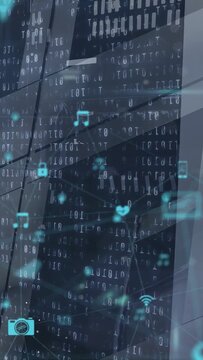 Vertical video: Glass facade pulsing node sending icons linking settling showing tech network