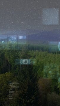 Tech scan initiating forest canopy staying steady while cyan HUD panels emerging and mapping ridge