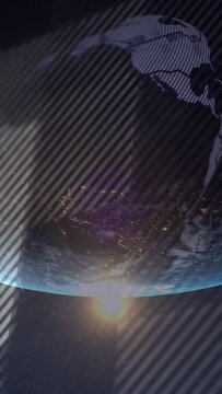 Vertical video: Stylized globe rotating, revealing sunrise, map shifting, stripes sweeping for tech