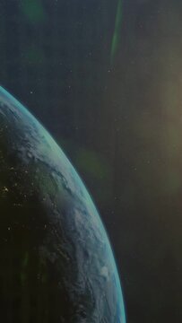 Vertical video: Planet rotating as sun rising and cam shifting, revealing land, aurora, grid, tech