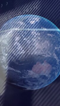 Earth globe rotating, glare sweeping across screen, data update sparking graph for tech analytics
