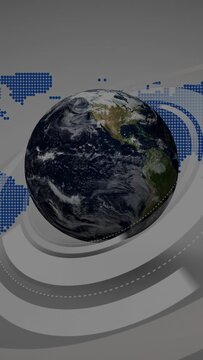 Dotted map animating, 3D globe emerging, rotating revealing continents, receding for broadcast