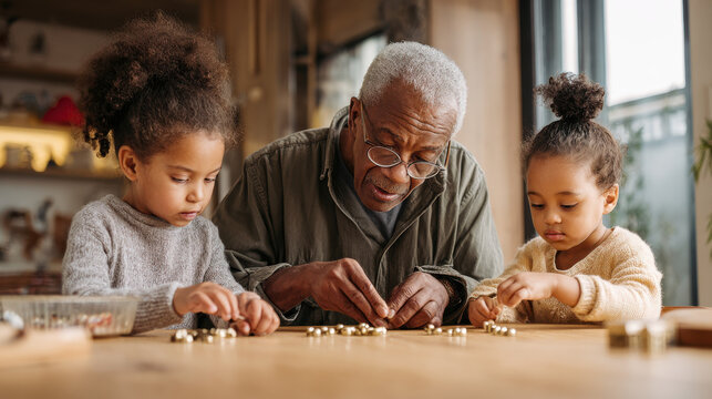 Grandfather teaching his granddaughters while they play together at home. An elderly man with his two granddaughters playing together, sharing quality time and creating memories.