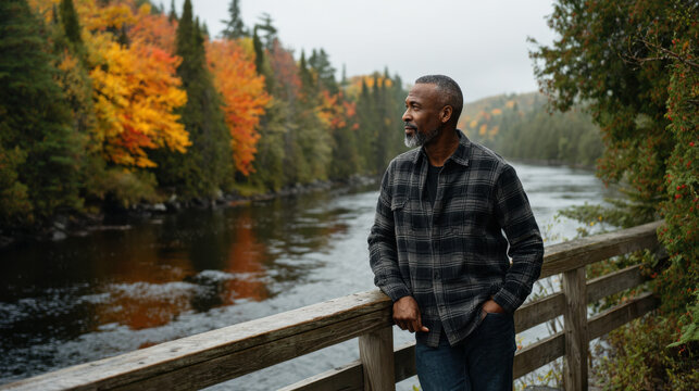 Senior Man Enjoying the Golden Autumn Scenery. An older man stands by a river, enjoying the view of colorful autumn trees. The scene evokes a sense of peace and the beauty of nature.