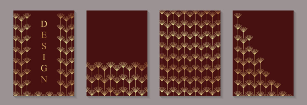 Modern geometric luxury backgrounds in art deco style for business or greeting cards with golden flowers on red.