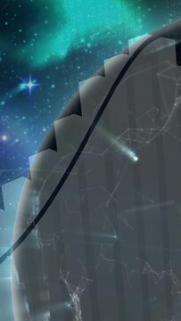 Vertical video: Planet rotating, panels aligning to flare revealing pulsing lights for tech network