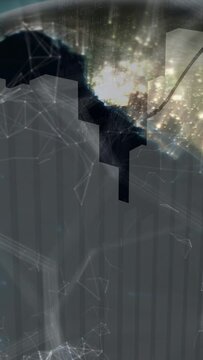 Vertical video: Curved line sweeping, stylized globe revealing network lights and mapping data flow