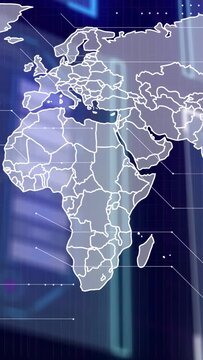 Vertical video: On load Africa map drawing into view, borders refining, neon bars pulsing for tech